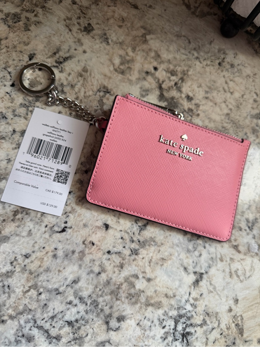 kate spade Pink Saffiano Card Holder Keychain
